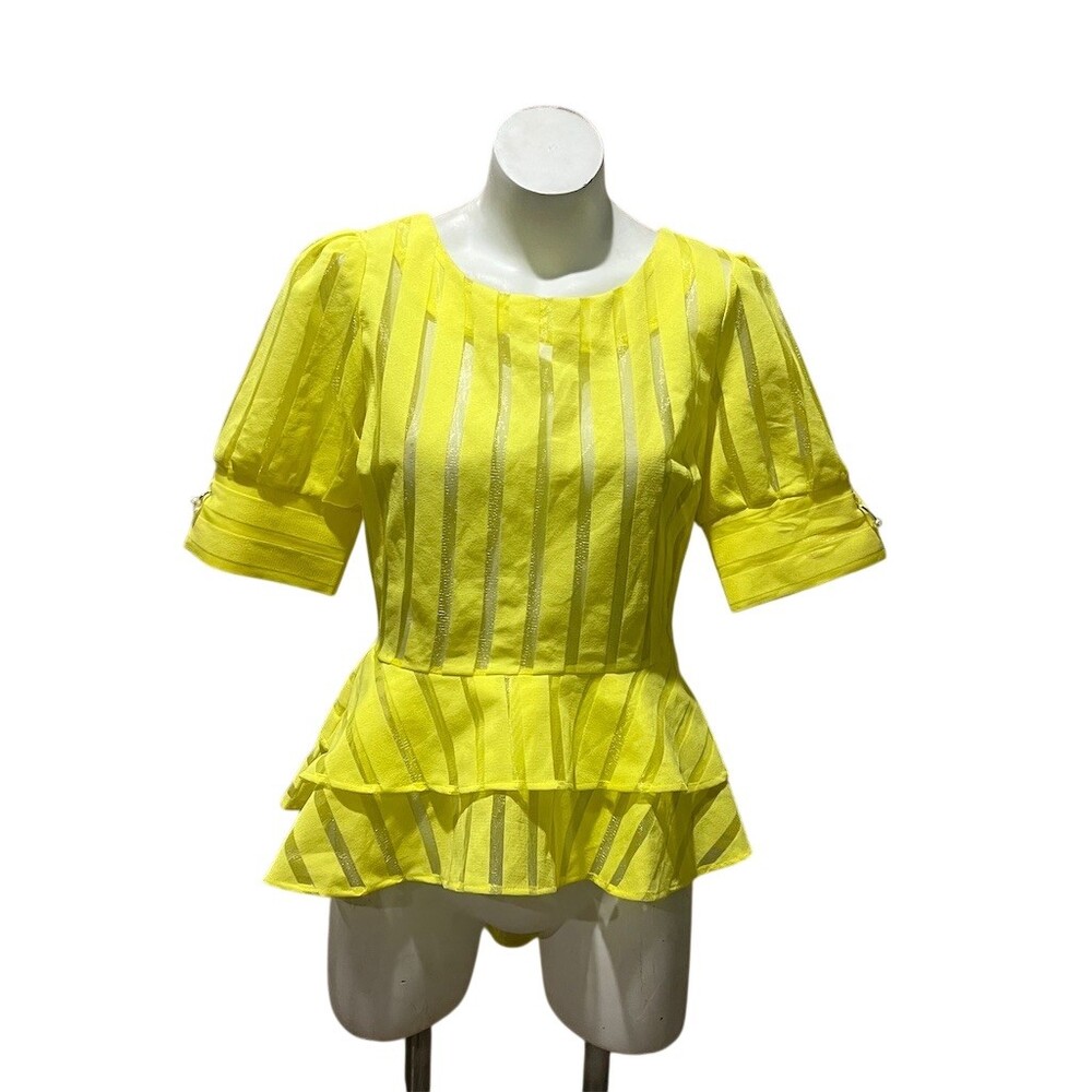 Pastel Blouse Womens M Yellow Sheer Striped Tiered Peplum Puff Sleeve Top